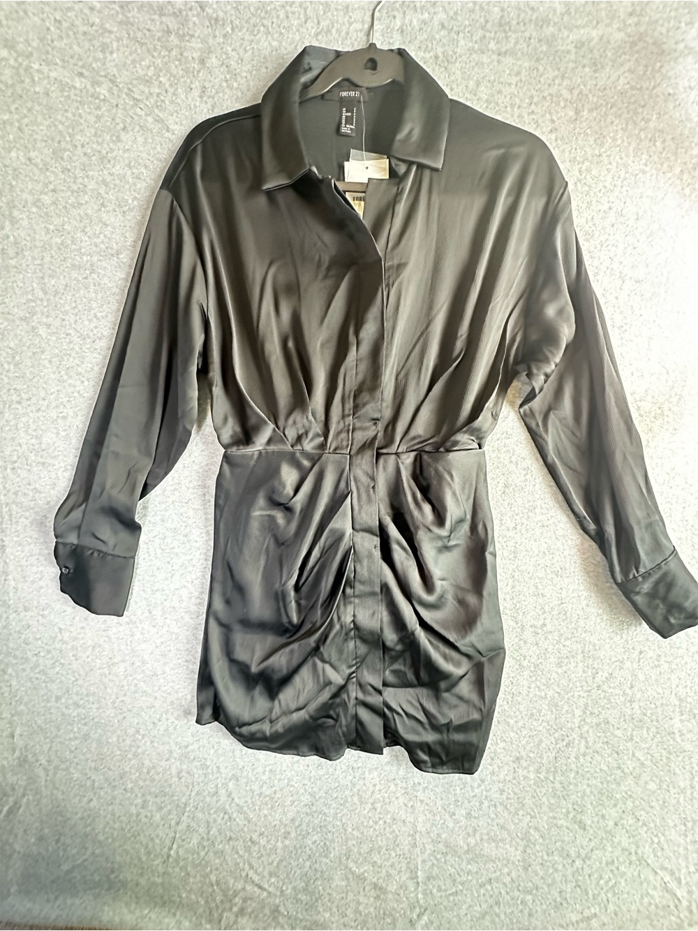 Forever 21 Black Satin Longline Trench Shirt